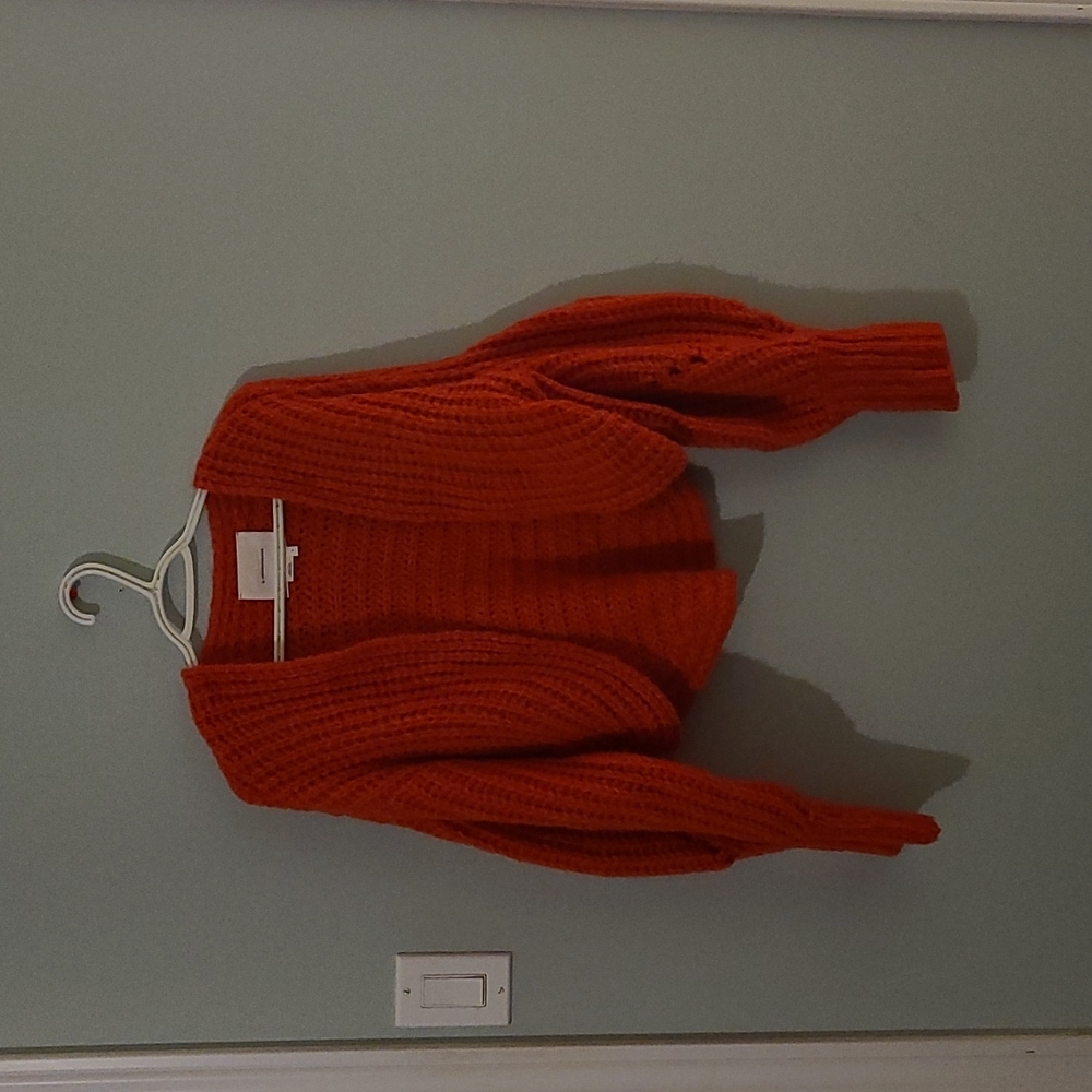 Red balloon sleeve open knit cardigan